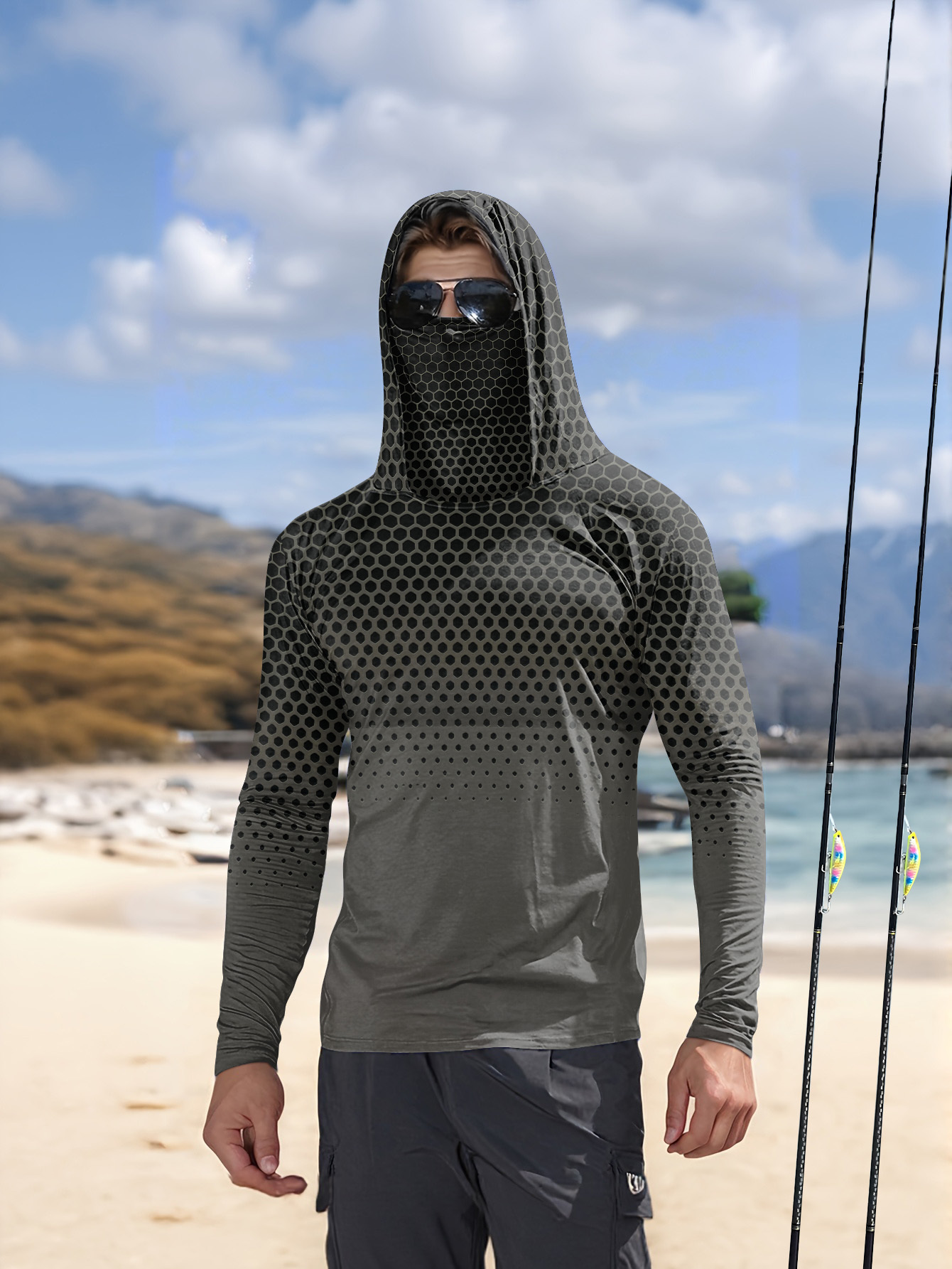 Fishing - Grey Gradient Honeycomb Men Fishing Hooded